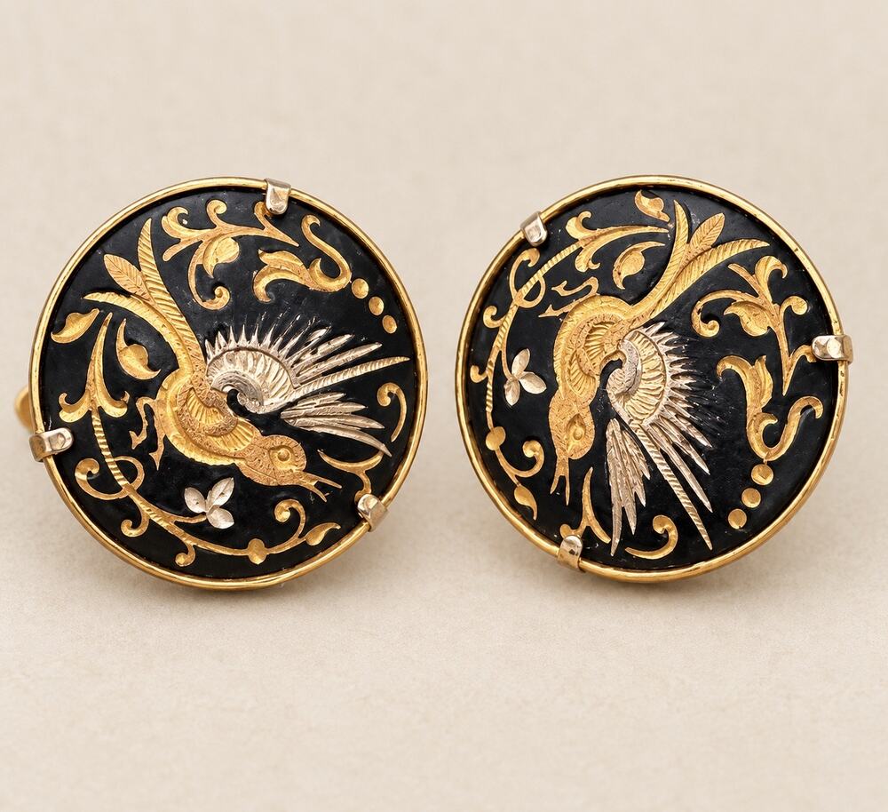 Vintage Spanish Damascene round clip-on earrings birds
